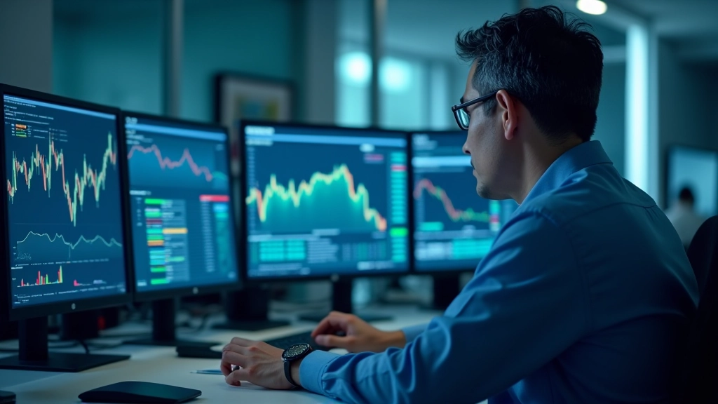 Economist analyzing market trends on multiple computer monitors showing economic projections and growth forecasts