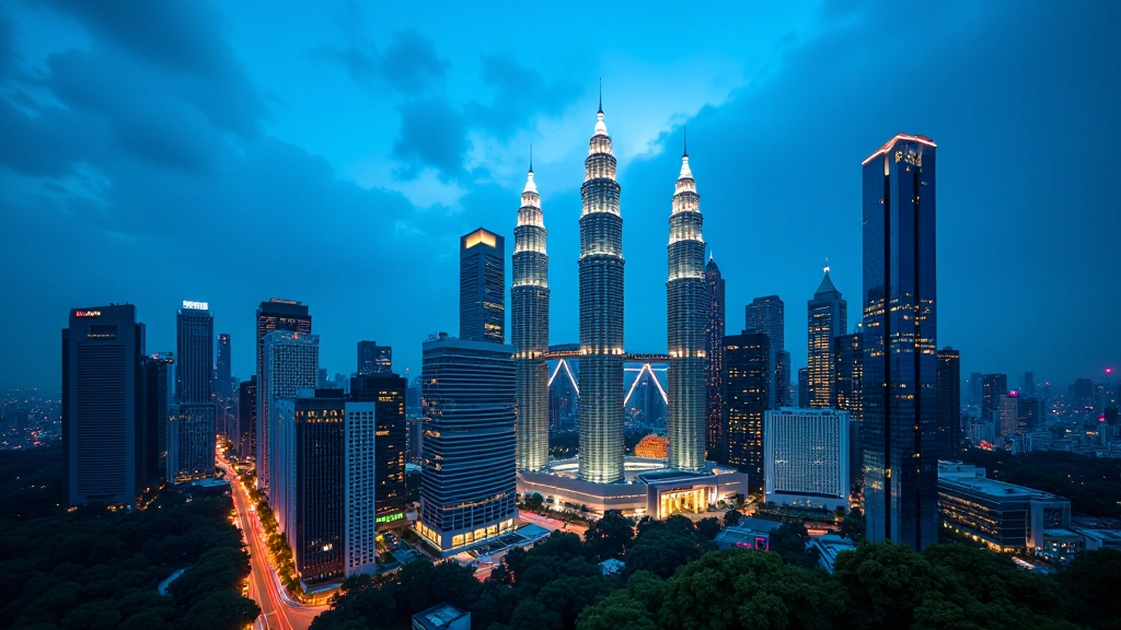 Modern financial district with glass buildings reflecting city lights at dusk, representing Malaysia's financial markets and economic infrastructure