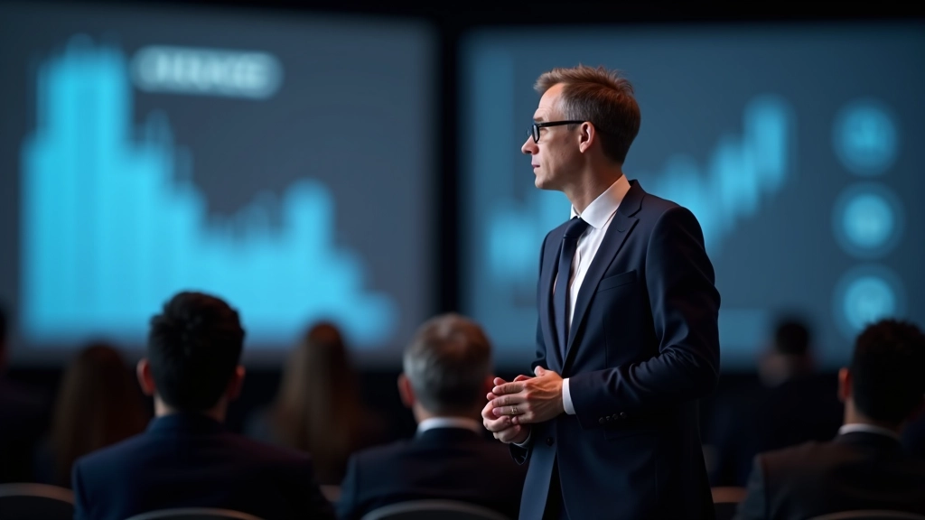 Financial professional presenting economic outlook and credit rating implications to audience in professional seminar setting