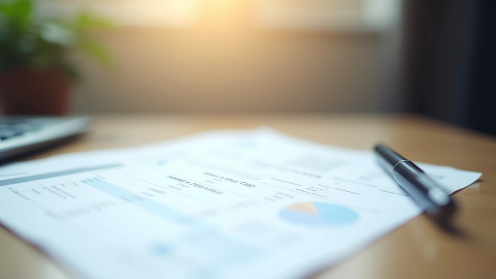 Close-up of financial documents, tax forms, and banking statements spread on a wooden desk with pen and calculator